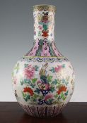 A large Chinese famille rose bottle vase, Daoguang period, painted with a pheasant and other birds