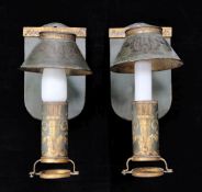 A pair of 19th century green and parcel gilt toleware carriage lamps, decorated with urns and