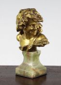 Antonin Larroux (1859-1913). A 19th century French gilt bronze bust, modelled as a young lady with