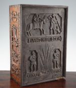 A 16th century style German carved fruitwood bible box, decorated all over with biblical scenes