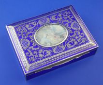 A 1920's Austrian 935 standard silver and blue guilloche enamel rectangular trinket box, the lis