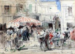 William Lee Hankey (1869-1952)pencil and watercolour,Market scene,signed,3.75 x 5in.