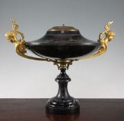 A 19th century French ormolu mounted black marble tazza, with scrolling female head handles, 15.