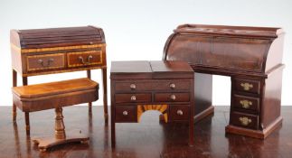 A Fergus Lane miniature Georgian style roll top desk, with tambour shutter, a Georgian style folding