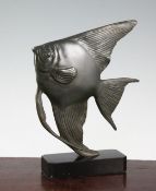 A French Art Deco patinated bronze model of an Angel fish, signed Luc, on black marble base, 10in.