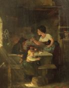 19th century French Schooloil on millboard,Kitchen interior with mother and children,11.5 x 9in.