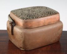 A large Chinese copper bronze hand warmer, 18th / 19th century, of oblong form, the slide off