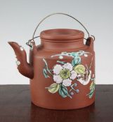 A Chinese Yixing enamelled pottery teapot and cover, second half 19th century, decorated to one side