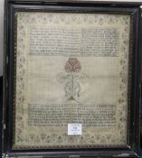 A 19th century needlework sampler, with central vase of flowers and embroidered verse, together with