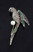 A mid 20th century gold, cultured pearl and gem set brooch, modelled as a parrot, set with rose