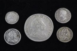 James II and George II silver coinage- 1688 twopence, 1720 shilling, 1727 twpopence, 1731 twopence