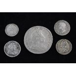 James II and George II silver coinage- 1688 twopence, 1720 shilling, 1727 twpopence, 1731 twopence