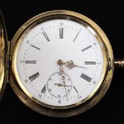 A late 19th/early 20th century continental 14ct gold hunter keyless lever pocket watch, stamped "14k