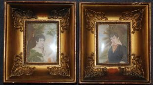 19th century French Schoolpair of oils on ivory,Miniatures of young men beside trees,5 x 3.75in.