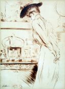 Paul Cesar Helleu (French, 1859-1927)drypoint etching,Woman standing before a mantel piece,signed in
