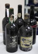 Five assorted bottles of vintage port including one Dow 1960, embossed wax capsule, very top