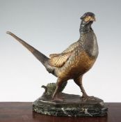 A French Art Deco patinated model of a pheasant, marked L. Carvin, on shaped marble base, 16.5in.