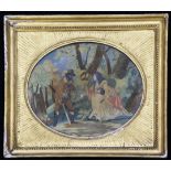 A Regency silkwork picture, depicting an encounter in a woodland setting, within in rectangular gilt