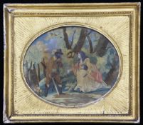 A Regency silkwork picture, depicting an encounter in a woodland setting, within in rectangular gilt