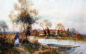 Albert Kinsley (1852 -1945)watercolour,Woman on a riverbank,signed 'Tom Kinsley',14 x 20.5in.