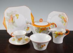 A Shelley Regent shape 'Cape Gooseberry' pattern thirty piece tea set, 1930's, green printed Shelley