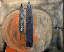 Sadanand Bakre (1920-2007)oil on canvas,Still life of two bottles on a table top,signed and