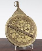 A Persian engraved brass astrolabe, probably 19th century, with pierced dials and engraved scale