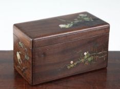 A fine Japanese shibayama type hardwood rectangular box, Meiji period, overlaid in mother of