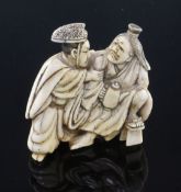 A Japanese ivory netsuke of Tadamori catching the oil thief, Edo period, some staining to their hair