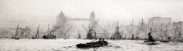 William Lionel Wyllie (1851-1931)etching,Tower Bridge from down river with Colonial Wharf,signed