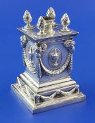 A Victorian silver club table lighter by Richard Hodd & Son, of plinth form, decorated with ram's