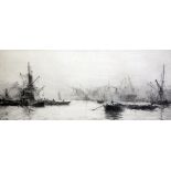 William Lionel Wyllie (1851-1931)etching,The Royal Albert Dock,signed in pencil,5.75 x 13.75in.