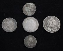 Charles I and Charles II silver coinage- Charles I half groat, plume over shield, 1674 sixpence,