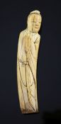 A Chinese ivory figure of a sage, late Ming dynasty, with his left arm before him, wearing a cord