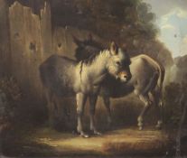 Attributed to George Morland (1763-1864)oil on millboard,Donkeys beside a fence,10 x 12in.