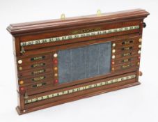 A Victorian Burroughes & Watts mahogany snooker scoreboard, with a glazed ball cabinet, W.3ft 2.