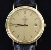 A gentleman's 18ct gold Omega quartz dress wrist watch, with baton numerals and date aperture, on an