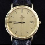 A gentleman's 18ct gold Omega quartz dress wrist watch, with baton numerals and date aperture, on an