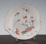 A Chelsea Two Quail pattern leaf shaped dish, c.1754, painted in kakiemon palette, red anchor