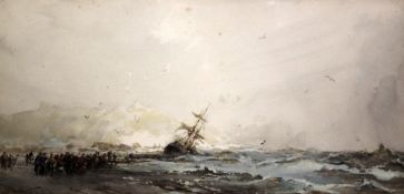 Frank Wasley (1854-1934)watercolour and gouache,Wreck off Staithes, Yorkshire coast,signed,10 x 21.