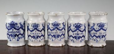 A set of five Delft blue and white cylindrical wet drug jars, early 18th century, each titled 'U
