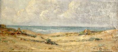 Paul Courreau (b.1920)oil on wooden panel,'Dunes a Lacanau',signed,4.5 x 9.5in.