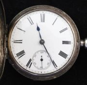 A late Victorian silver hunter keywind pocket watch by Waltham, with Roman dial and subsidiary