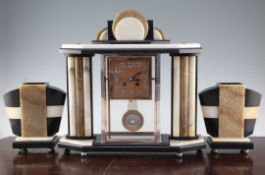 A French Art Deco coloured marble clock garniture, comprising architectural clock with square copper