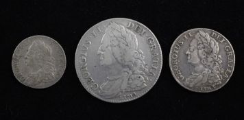George II silver coinage- a 1745 Lima halfcrown, 1745 Lima shilling and a 1757 sixpence