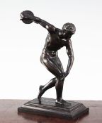 After the antique. A patinated bronze model of Discobolus of Myron, unsigned, 8.25in.