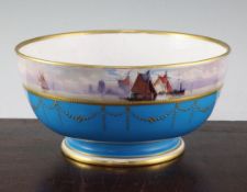 A Minton bleu celeste ground bowl, painted by James Edwin Dean to the upper band with sailing