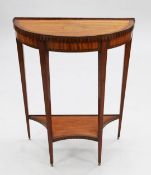 An Edwardian inlaid satinwood demi-lune console table, with square tapered legs and understage, W.