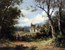 John Moore of Ipswich (1824-1908)oil on board,Country scene with figure beside a stile,5 x 6.5in.