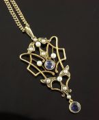 An Edwardian Art Nouveau gold, sapphire and split and seed pearl set pendant necklace, of open